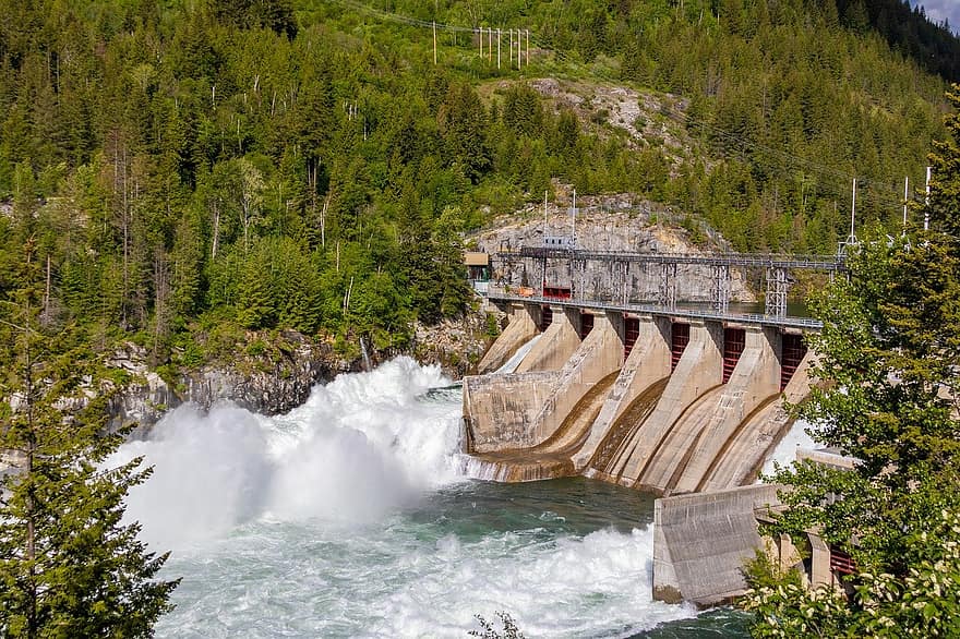 Hydro-elektrische dam, rivier-, bomen, Bos, water, dam, bergen, elektriciteit, brandstof en stroomopwekking, waterkracht, generator