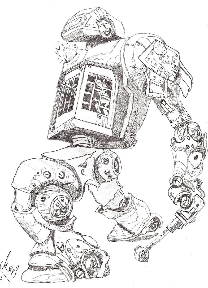 robôs, lápis, desenhando, futuro, personagem