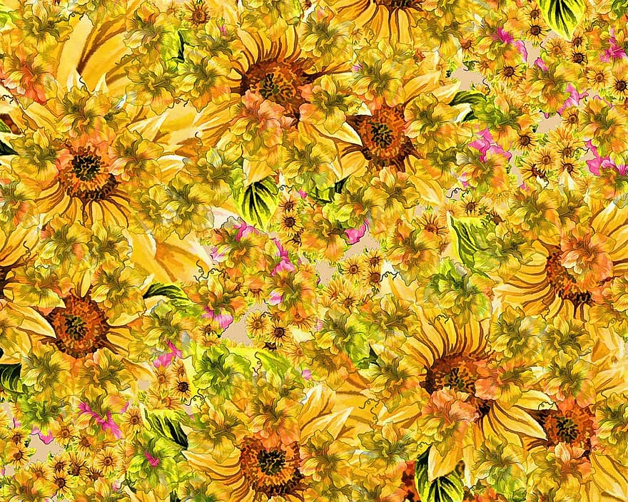 Background, Backdrop, Patterns, Abstract, Flowers, Sunflowers, Decoration, Design, Artistic, Decorative, Art