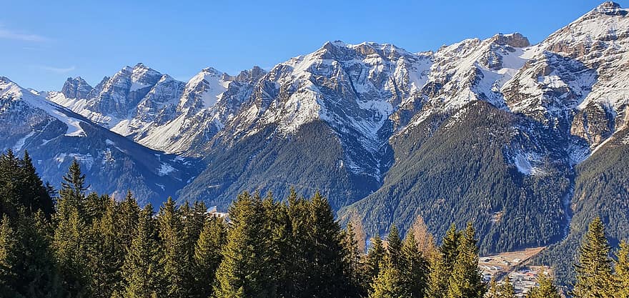 bjerge, topmøde, sne, træer, vinter, udsigt, spids, bjergkæde, alpine, Alperne, landskab