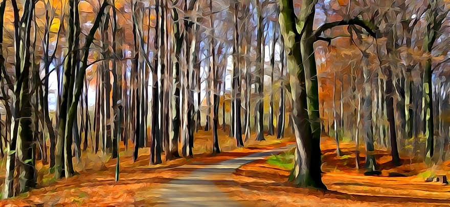 akvarelė, miškas, ruduo, kraštovaizdį, pobūdį, rudens auksas
