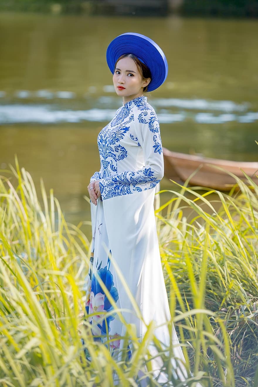 ao dai, mode, wanita, Pakaian Nasional Vietnam, topi, gaun, tradisional, gadis, cantik, pose, model