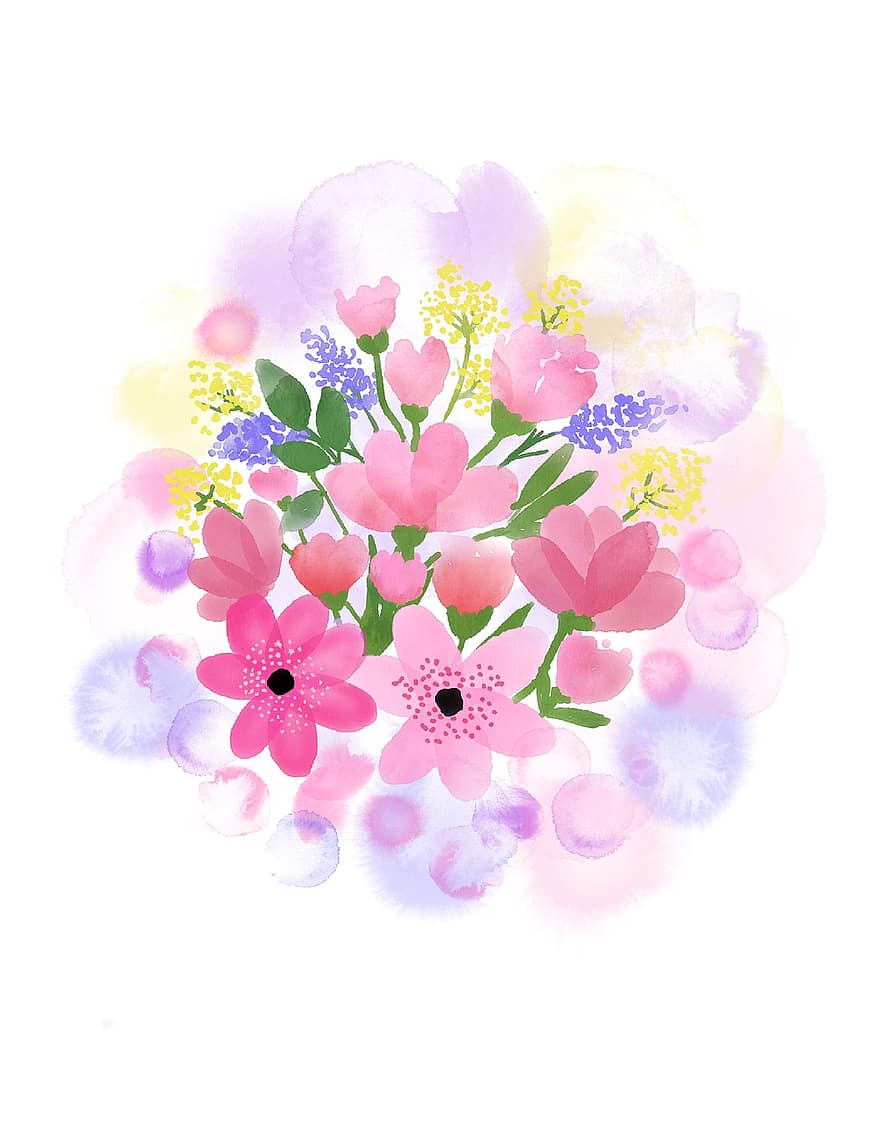 수채화 꽃, 봄, 자연, 꽃 무늬의, 꽃다발, 그림, 스크랩북, 장식, 꽃, 티셔츠, 예술적