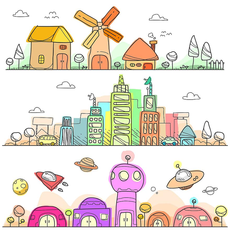 pilsēta, doodle, ainavu, ēka, skice, zīmējums, līnija, horizonts, panorāma, pilsētas, arhitektūra