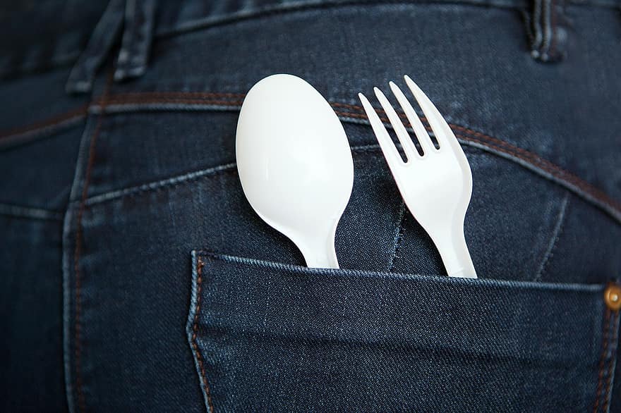 Fork, Spoon, Jeans, Pocket, Woman, Lady, Eat, Tableware, Plastic, Reuse, Safe