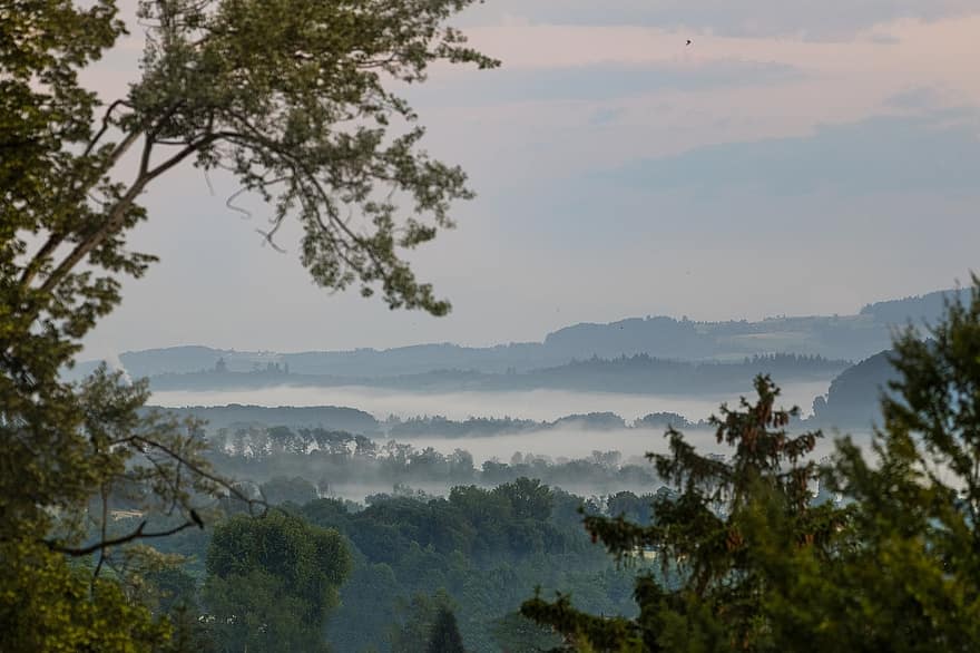 tåge, bjerge, bakker, landskab, morgendåge, morgen tåge, natur