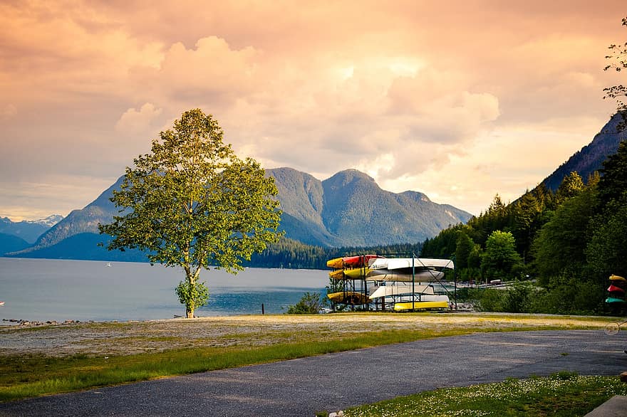 езеро, планини, природа, багажник, път, лодки, съхранение, приключение, лято, панорамен
