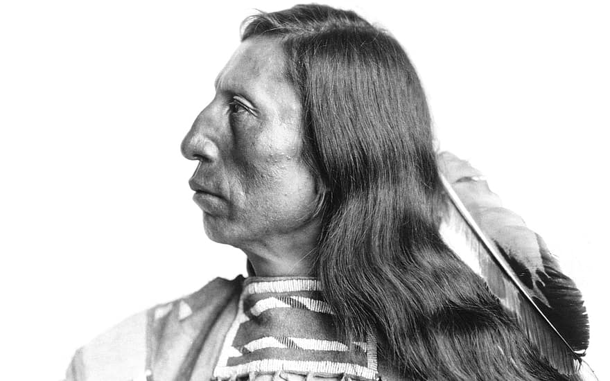 Indėnas, sioux, iš šono, tradicinis kostiumas, kultūrą, portretas, nespalvotas, karys, veidas, etninės, juoda ir balta