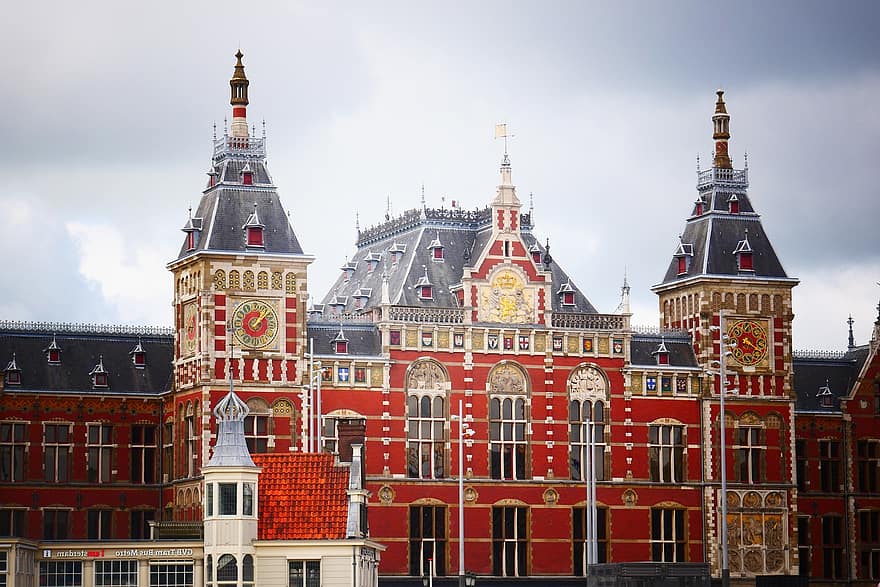 Stacja Amsterdam, stacja centralna, pomnik, Amsterdam, budynek, Holandia, szyny kolejowe, transport