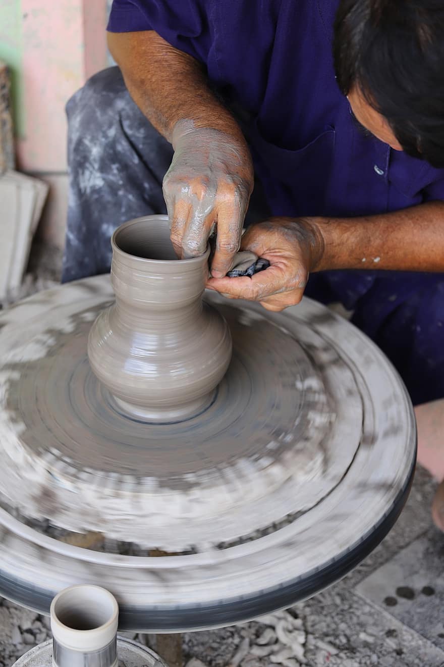 cerámica, manos, alfarero