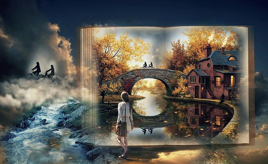 фантазия, Книга, измислица, мечта, страници, природа, изглед, есен, дървета, мост, отворена книга