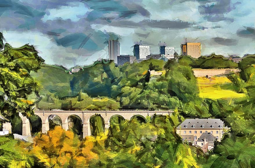 pueblo, puente, luxemburgo, viaducto, edificios, paisaje, Kirchberg