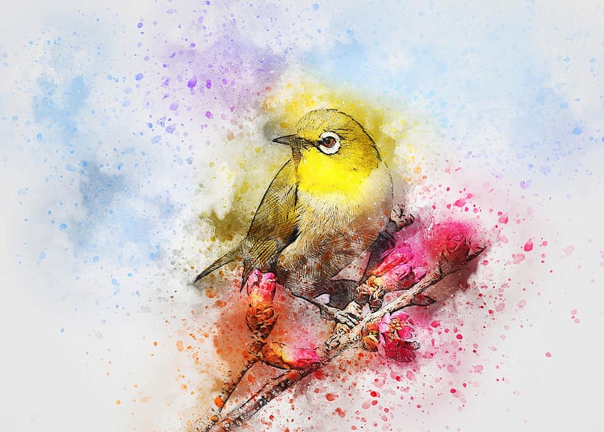 fugl, dyr, kunst, abstrakt, akvarel, årgang, farverig, natur, T-shirt, kunstnerisk, design