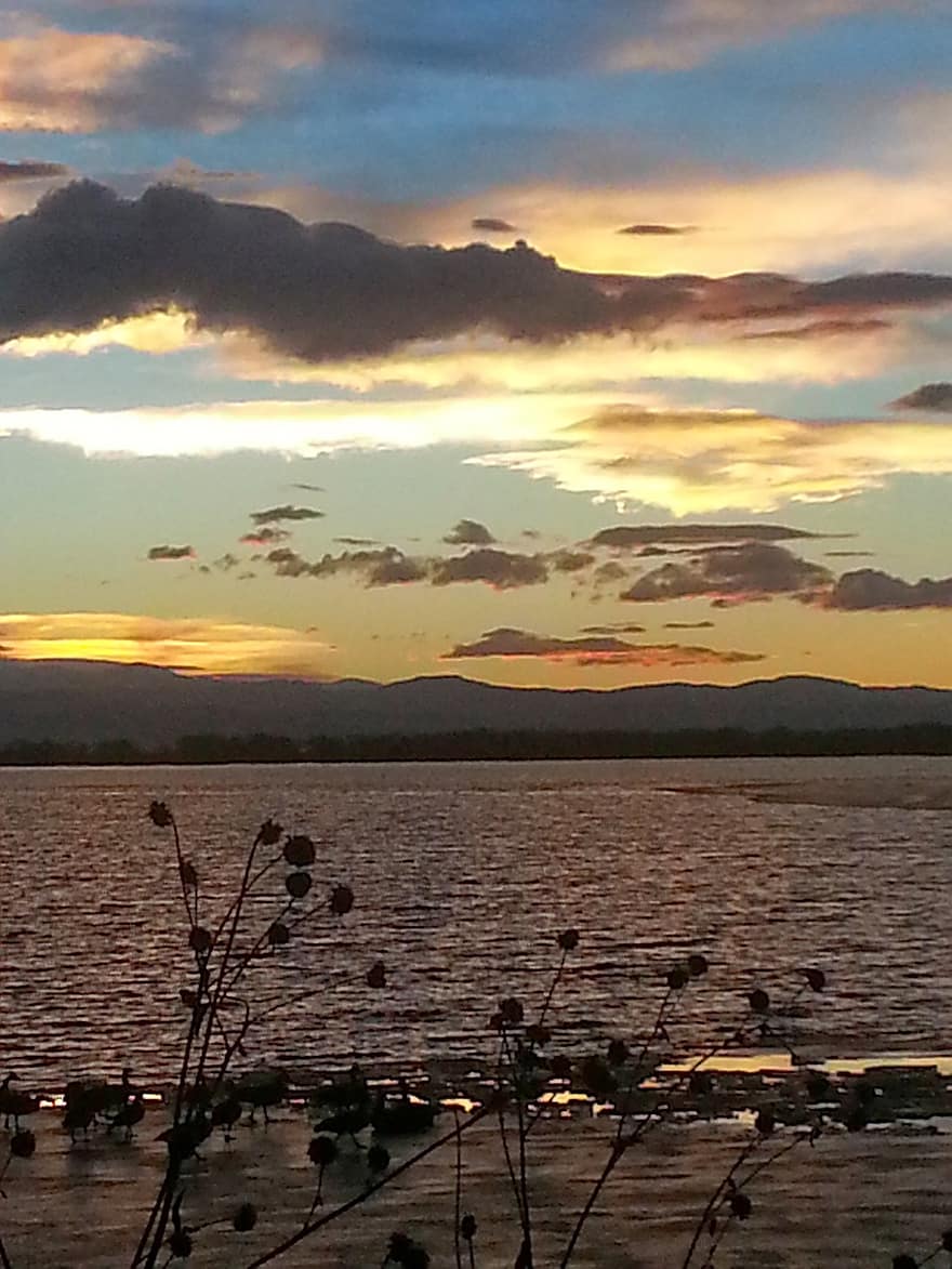meer, zonsondergang, horizon, hemel, Barr-meer, Colorado, koude, visvangst, schemer, wolken, silhouet