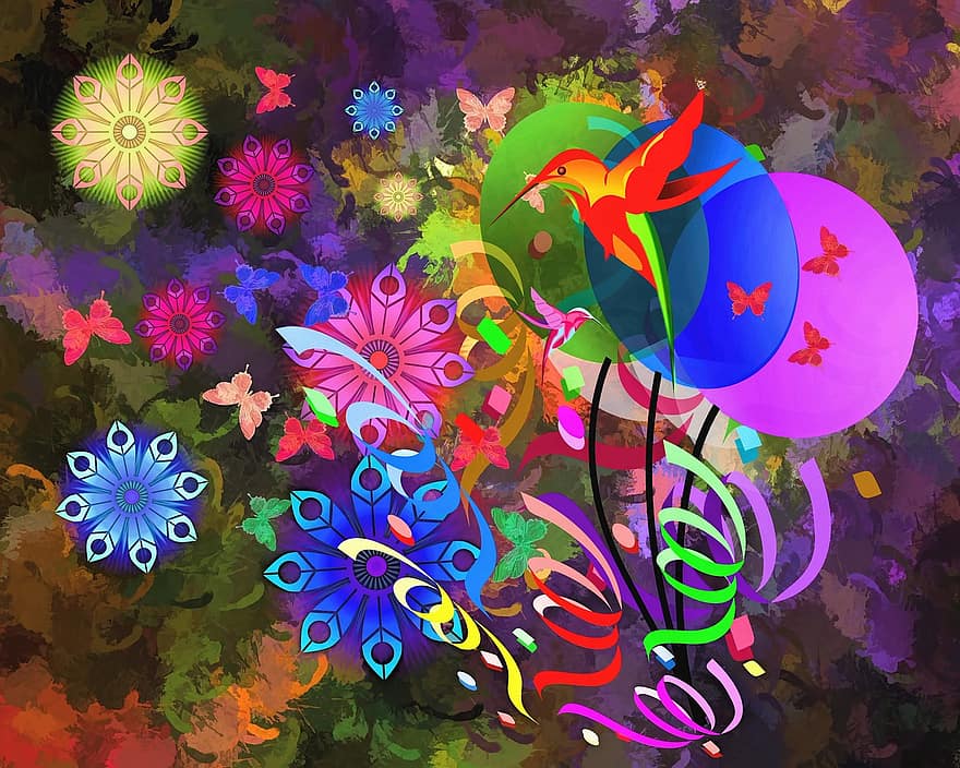 abstrakt, Vogel, Luftballons, Blumen, Kunstwerk, digitale Kunst, digitale Zeichnung, Blumen-, Dekoration, dekorativ, bunt