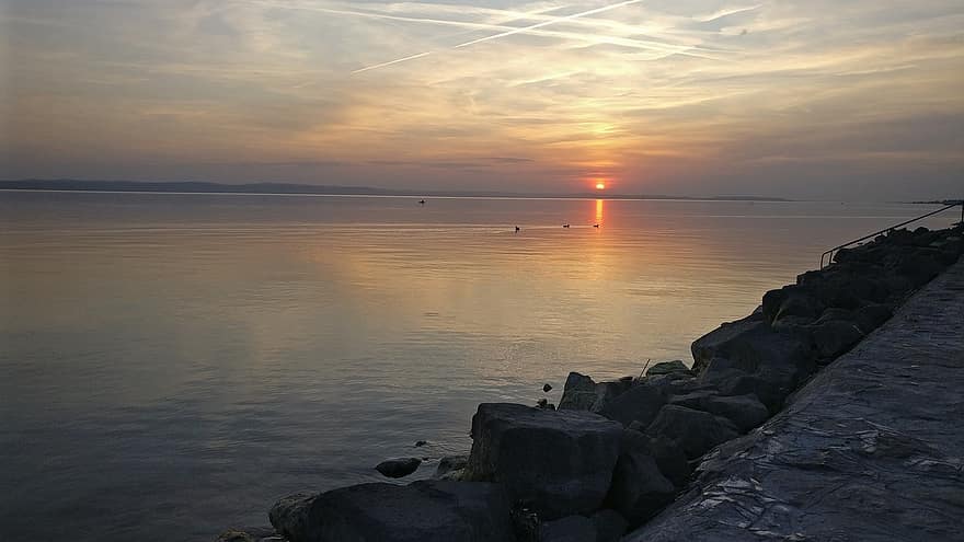 lago, tramonto, Balaton, estate, Ungheria, natura