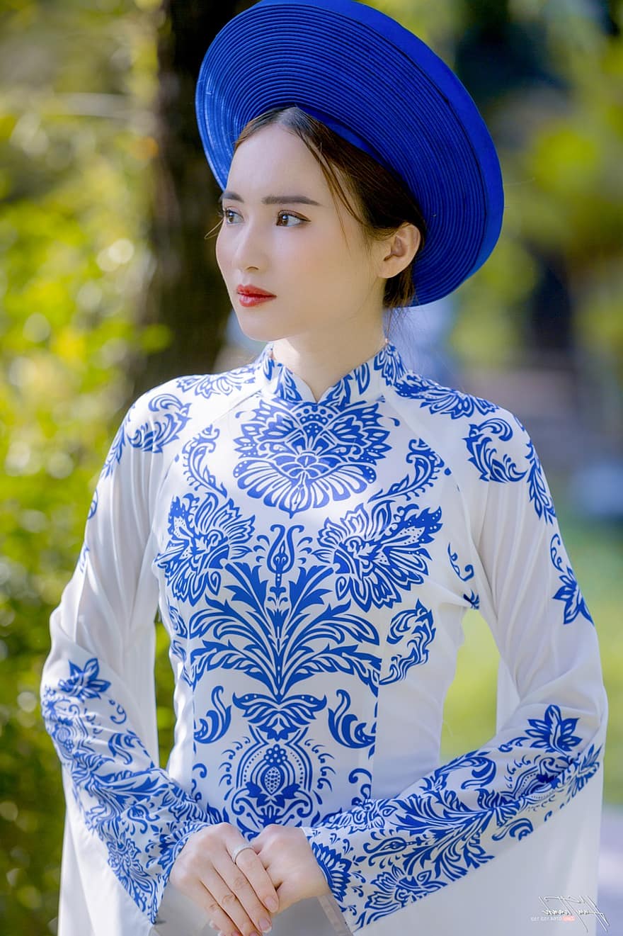 아오 다이, 유행, 여자, 초상화, 베트남 국가 복장, 모자, 드레스, 전통적인, 소녀, 예쁜, 자세