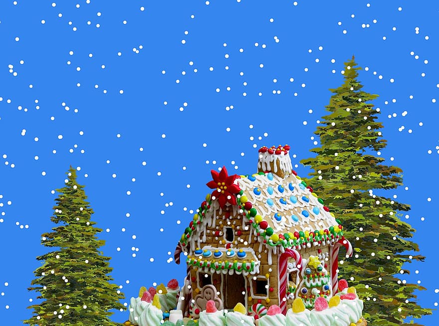 mézeskalács ház, fák, hó, Karácsony, karácsonyi kártya, üdvözlőlap, ünnep, évszak, ünnepies