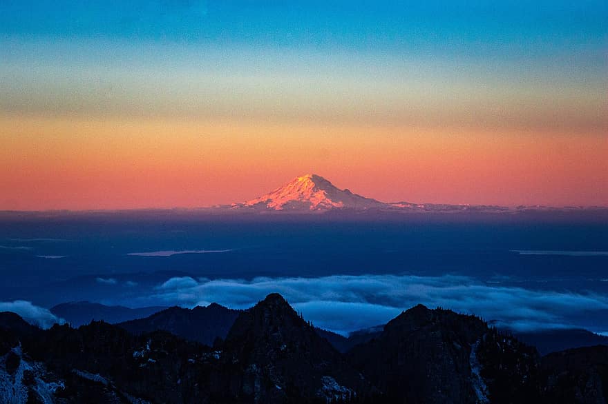 hory, mraky, západ slunce, svítání, slunečního světla, Mount Rainier, vrchol, summitu, nebe, moře mraků, krajina