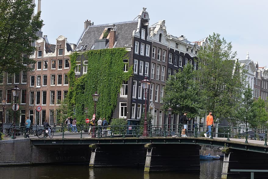 amsterdam, ciudad, puente, canal, Países Bajos, edificios, urbano, camino acuático