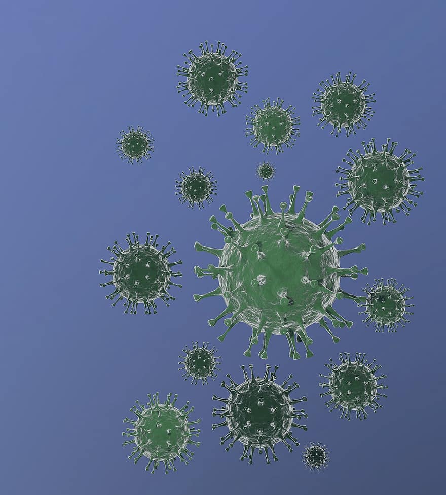 coronavirus, tolkning, 3d, göra, virus, bakterie, covid-19, bakgrund, textur, grön, uppsättning