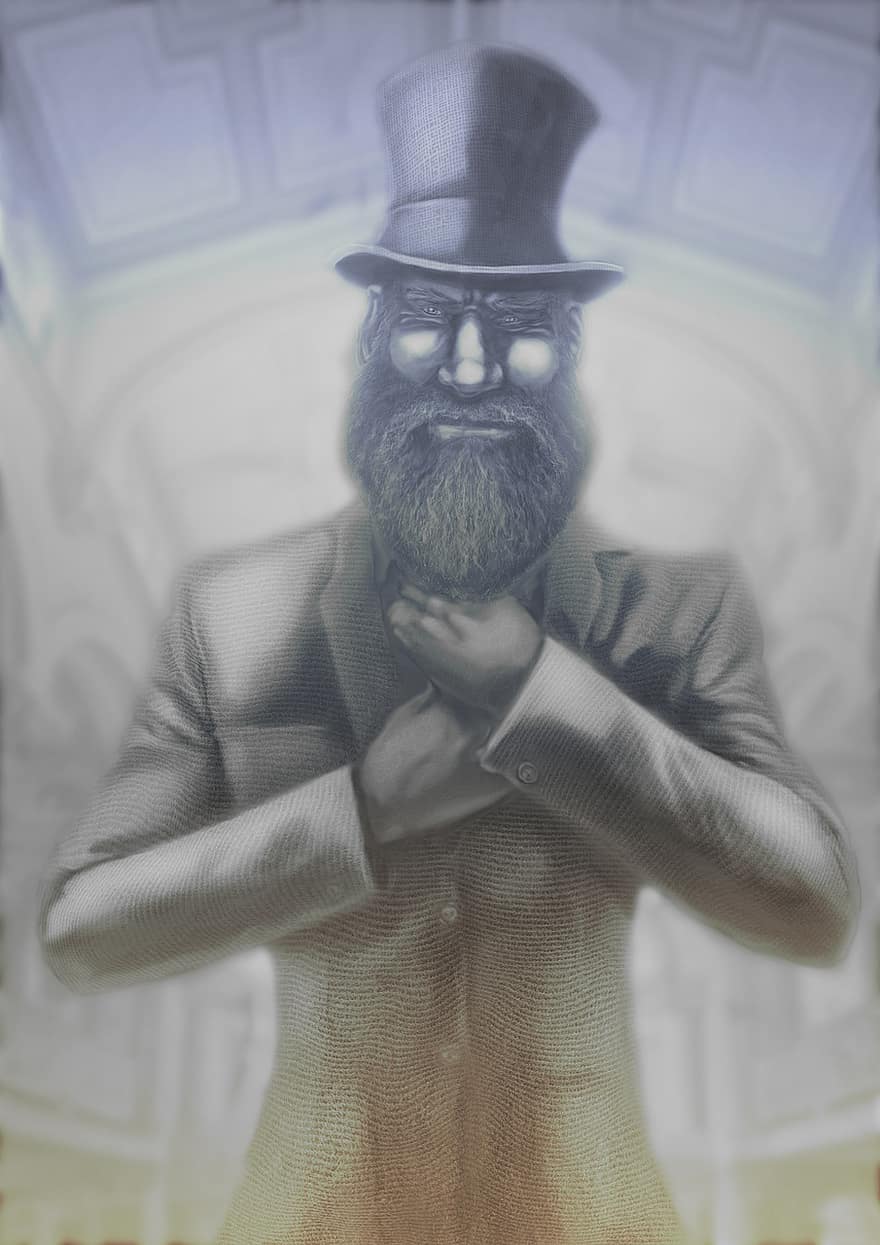 Top Hat, Man, Beard, Old, Character, Blue, Drawing, Painting, Digital, Leader, Political
