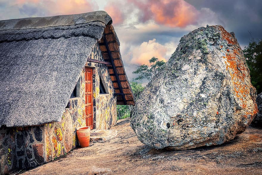 hut, rots, Matopos-heuvel, huis, gebouw, rieten dak, natuursteen, Nationaal Park Matobo, natuurpark, natuur, Zimbabwe