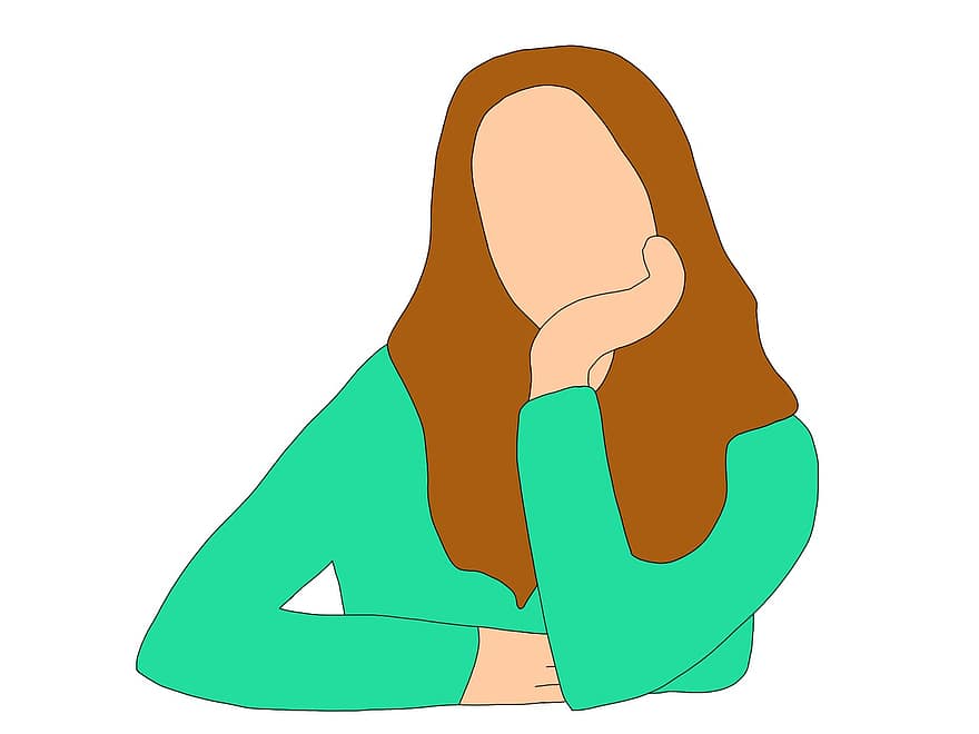 Woman, Thinking, Daydreaming, Pensive, Confused, Cartoon, Line Art, women, vector, illustration, adult