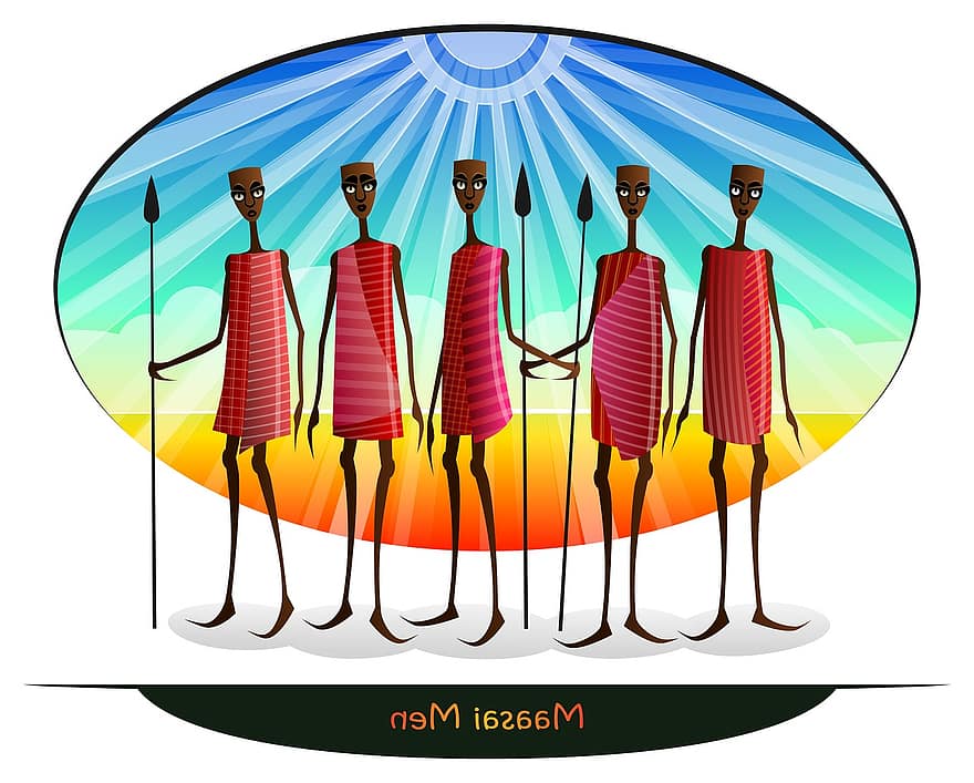 férfiak, Afrika, emberek, masai, harcos, lándzsák, hagyományos ruházat, afrikai, etnikai, kultúra, tervezés