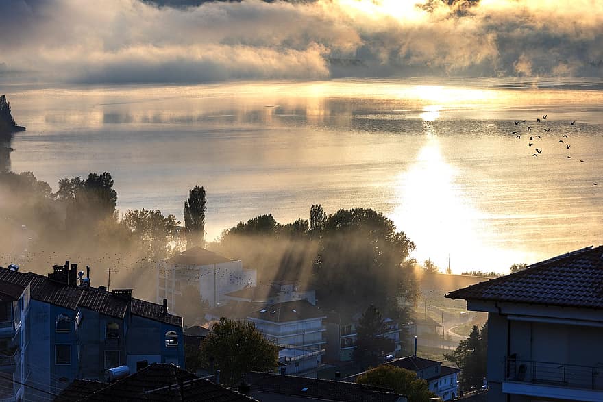 หมอก, ตัวเมือง, พระอาทิตย์ตกดิน, ธรรมชาติ, ภูมิประเทศ, Kastoria, กรีซ, เต็มไปด้วยหมอก, ทะเลสาป, หมู่บ้าน