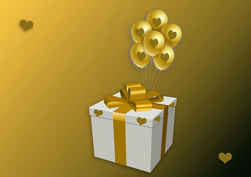 hediye, Kutu, hava balonları, kalp, döngü, doğum günü, Sevgililer Günü, romantik, teşekkür ederim, tebrik kartı, sürpriz