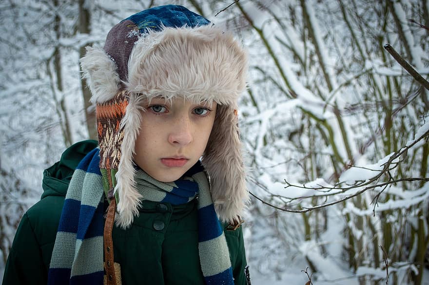 dreng, vinter, portræt, hat, teen, Skov, halstørklæde, børn, Russisk, slavere, sibirien