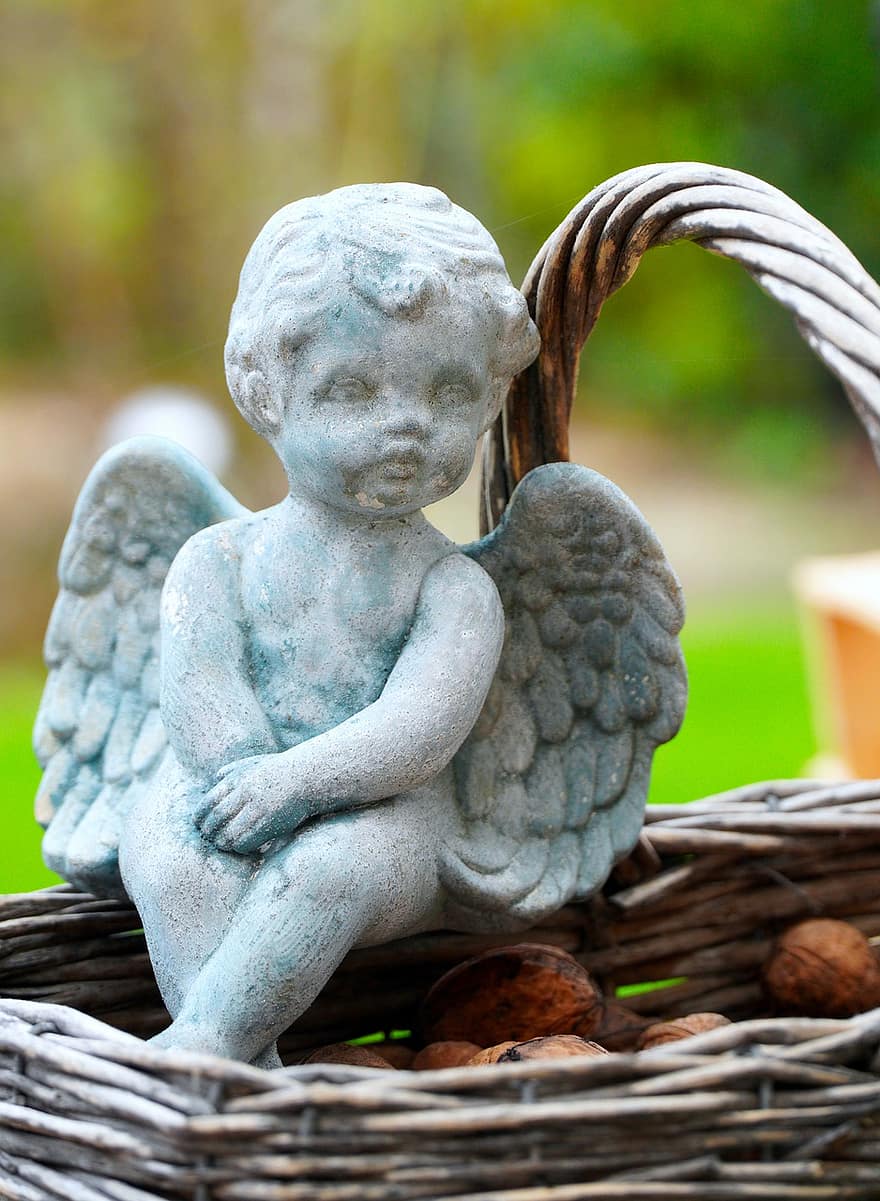 ángel, estatua, cesta, escultura, decoración, al aire libre
