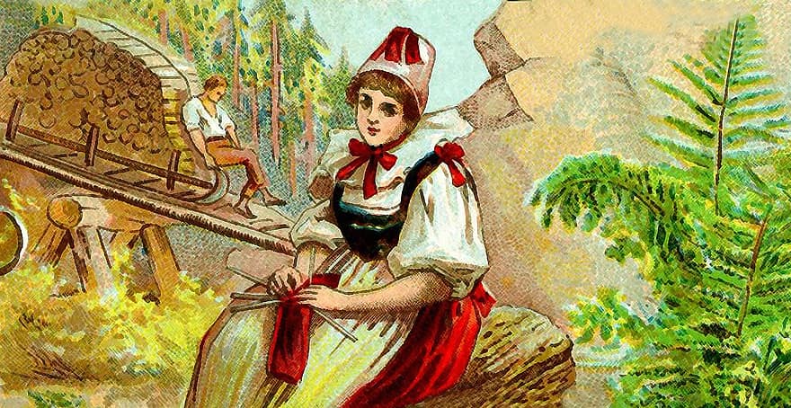 donna, signora, ragazza contadina, campo, villaggio, Francia, vecchia carta, cartolina, rurale, Vintage ▾, persone