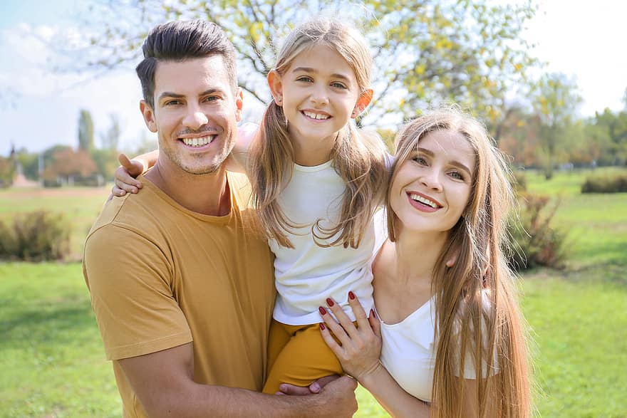 family, portrait, outside, father, mother, daughter, smiling, park, together, parents, fun