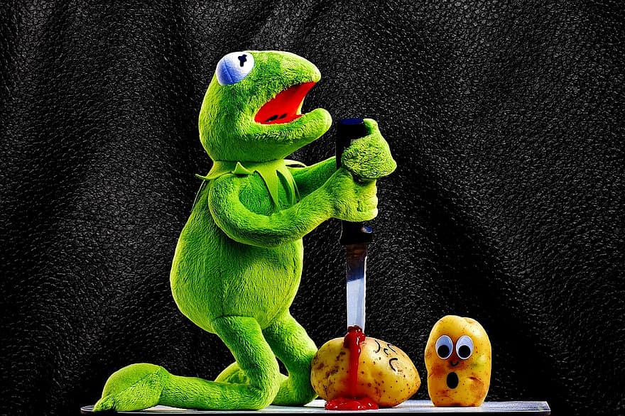 πατάτες, μαχαίρι, κέτσαπ, αίμα, δολοφονία, αστείος, kermit, βάτραχος, χαριτωμένος, διασκεδαστικο, πράσινος