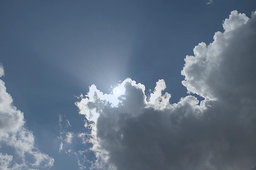 chmury, niebo, promienie słoneczne, cumulus
