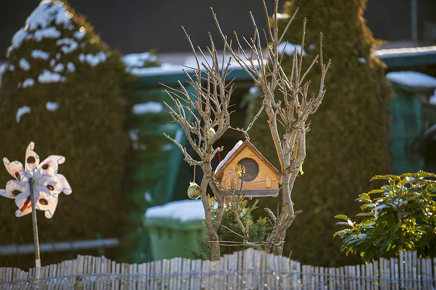 къща за птици, дървета, градина, ограда, село, сняг, зима, вечер, Швейцария, дърво, гнездо за животни