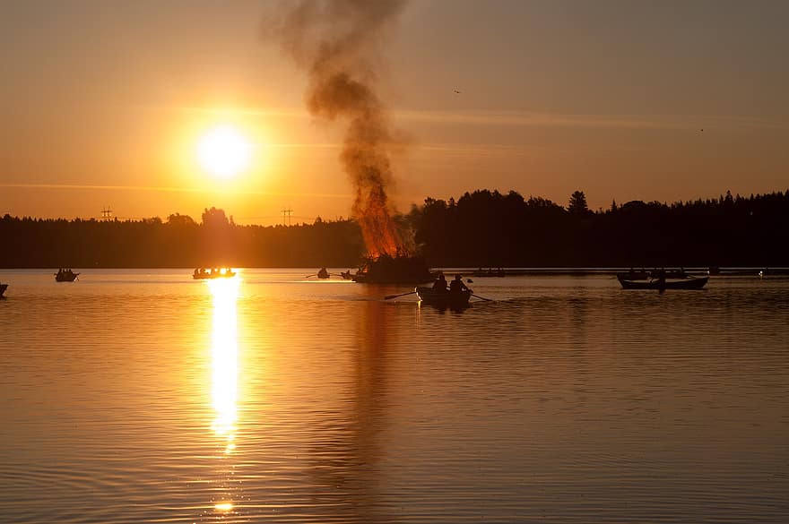 Suomi, järvi, auringonlasku, keskikesä, Espoo, maisema