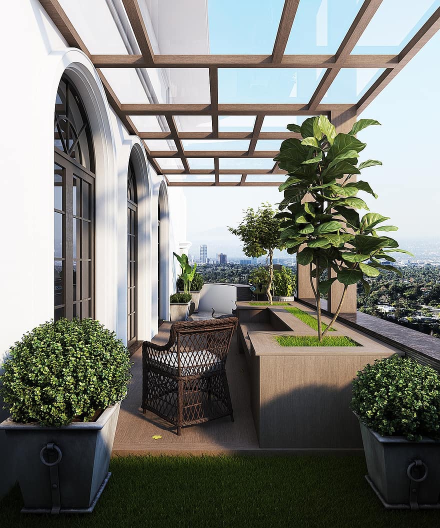 balkon, have, glas tag, udendørs, planter, stol, lænestol, planter kasse, design, hjem, hus