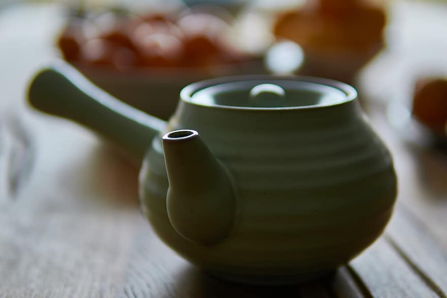 tea, teáskanna, kerámiai, tartály, közelkép, fazekasság, asztal, tál, faipari, cserépedény, kultúrák