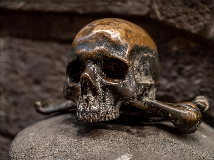 statue de bronze, statue de crâne, crâne, Italie, vieux, mort, crâne humain, os humain, Squelette humain, fermer, personne morte