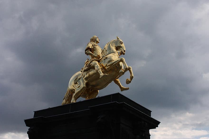 Horse, Dresden, Statue, Gold, sculpture, famous place, christianity, monument, architecture, history, religion
