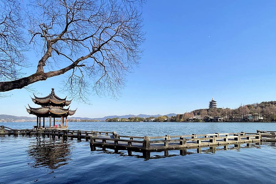 natureza, viagem, turismo, Hangzhou, Lago Oeste, Torre de Leifeng, pavilhão