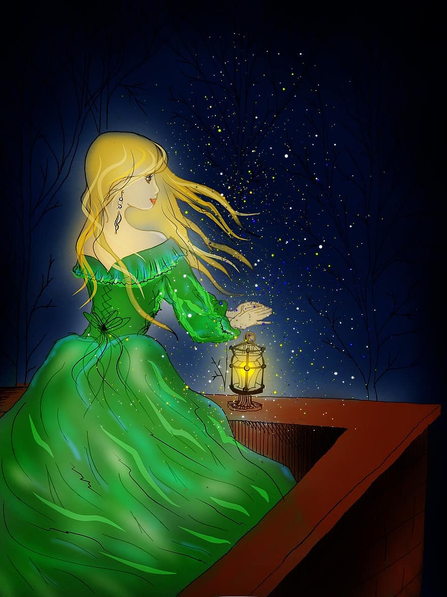 Princesa, Magia, fantasia, vestir, lanterna, história, menina, fada, fofa, duende, mulheres