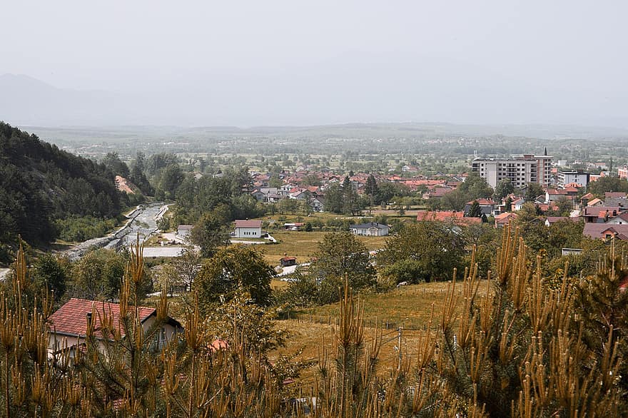Kosovo, City, Fields, Fog, River, Town, Buildings, Houses, Trees