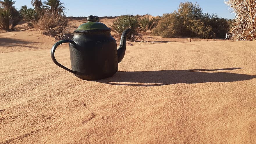 tè, bollitore, natura, deserto, sabbia, calore, temperatura, estate, scena rurale, paesaggio, luce del sole