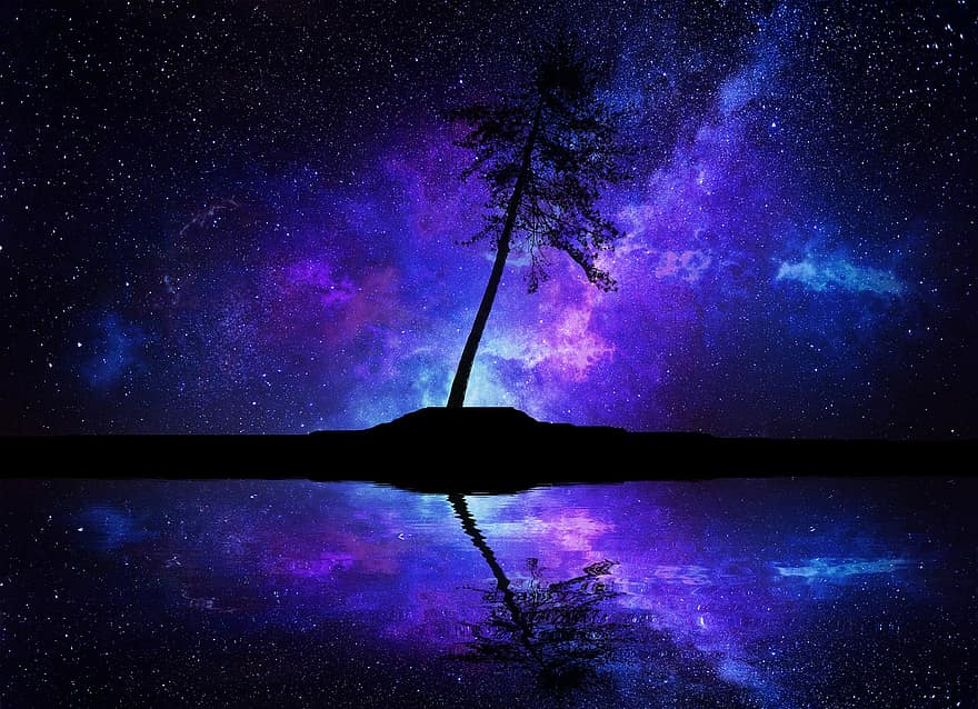 galaktika, telpa, koks, naktī, zvaigzne, miglājs, nav zināms, paralēli, pasaulē, kosmoss, abstrakts