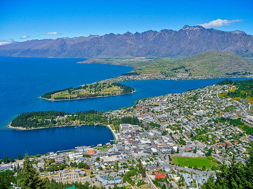 Cidade, lago, montanhas, Queenstown, Nova Zelândia, costa, cidade, Lake Wakatipu