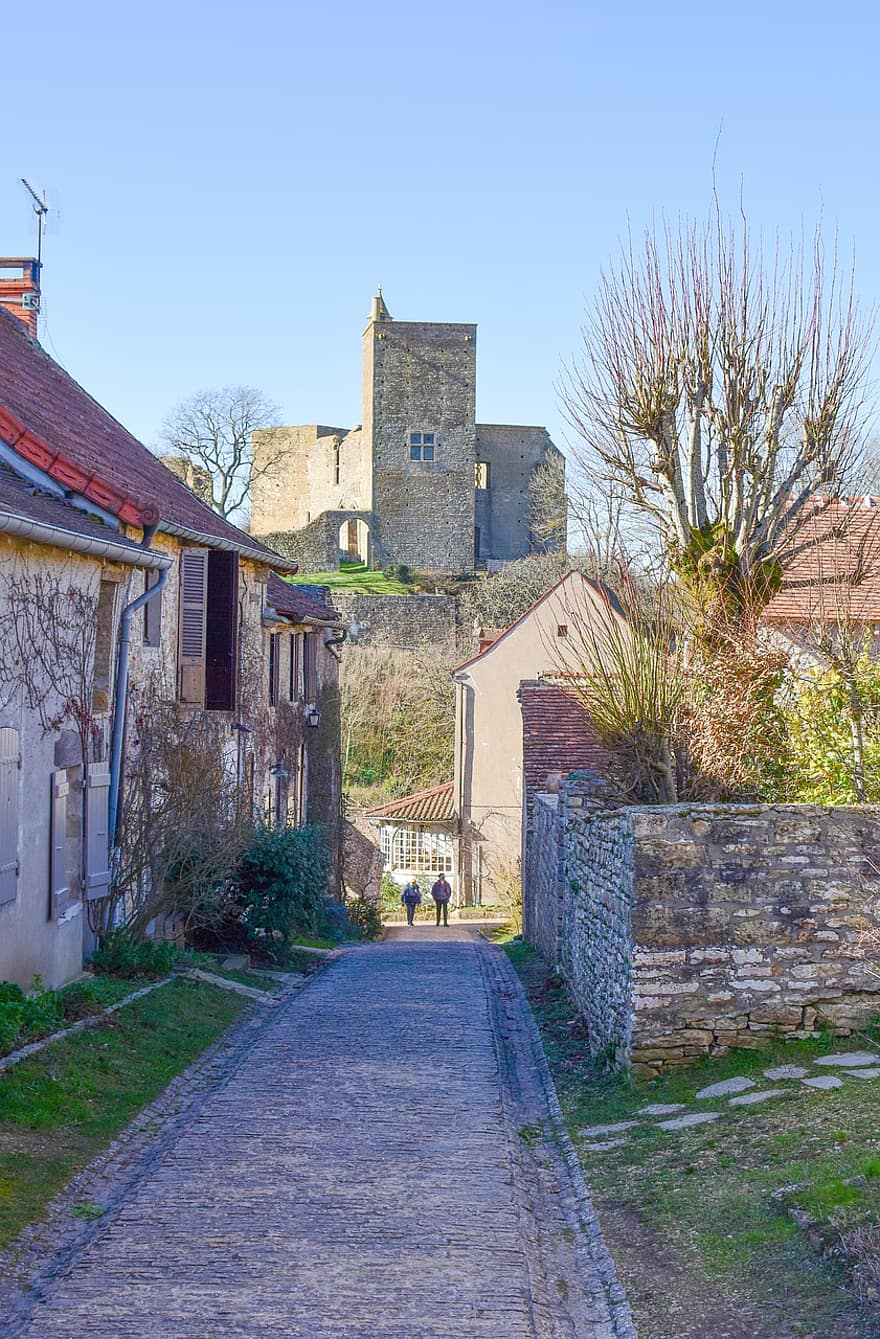 Stadt, Dorf, Burgund, Frankreich, Straße, Gasse, Schloss, Gebäude, Turm, mittelalterlich, historisch